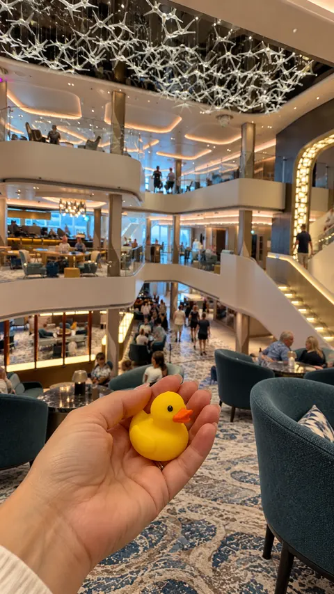 Illustrative scene of an adult holding a found yellow rubber duck in a cruise ship atrium.